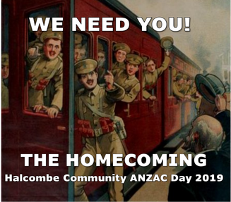 ANZAC Day Commemoration - archive UK recruiting illustration of soldiers on a train. Caption is 